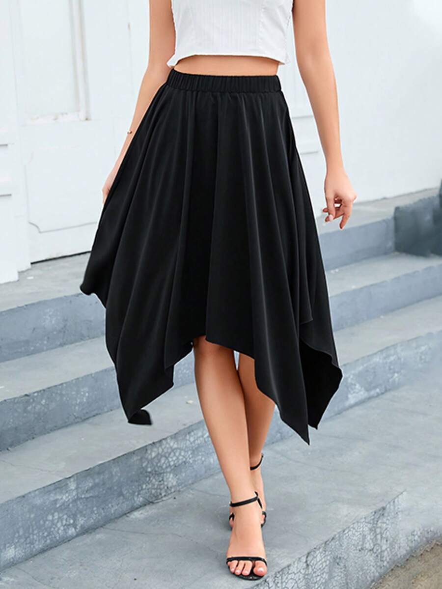 Solid Hanky Hem Skirt - Black - View 1