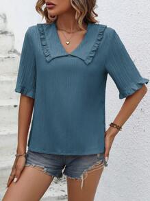 SHEIN Unity 素色褶邊喇叭袖襯衫 - 藍色 - 查看 3