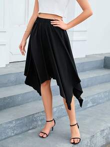 Solid Hanky Hem Skirt - Black - View 3