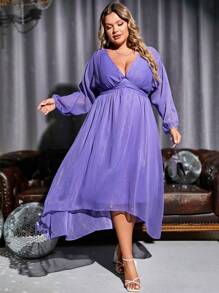 Double Crazy Plus Plunging Neck Lantern Sleeve High Low Hem Bridesmaid Dress - Purple - View 1