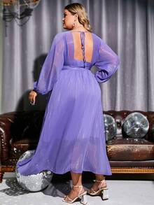 Double Crazy Plus Plunging Neck Lantern Sleeve High Low Hem Bridesmaid Dress - Purple - View 2