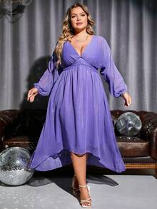 Double Crazy Plus Plunging Neck Lantern Sleeve High Low Hem Bridesmaid Dress - Purple - View 5