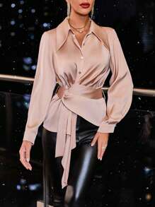 Solid Button Front Belted Shirt - Dusty Pink - View 1