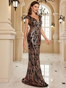 XUIBOL V Neck Sequin Party Dress - Black - View 7