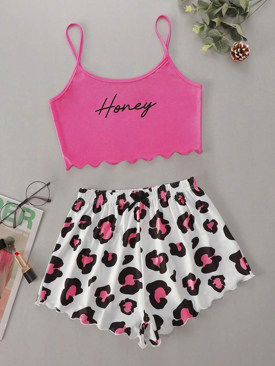Letter Graphic Scallop Trim Cami Top & Leopard Print Shorts PJ Set / Pajama Set