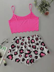 Letter Graphic Scallop Trim Cami Top & Leopard Print Shorts PJ Set / Pajama Set