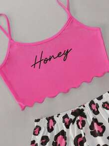 Letter Graphic Scallop Trim Cami Top & Leopard Print Shorts PJ Set / Pajama Set