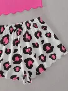 Letter Graphic Scallop Trim Cami Top & Leopard Print Shorts PJ Set / Pajama Set