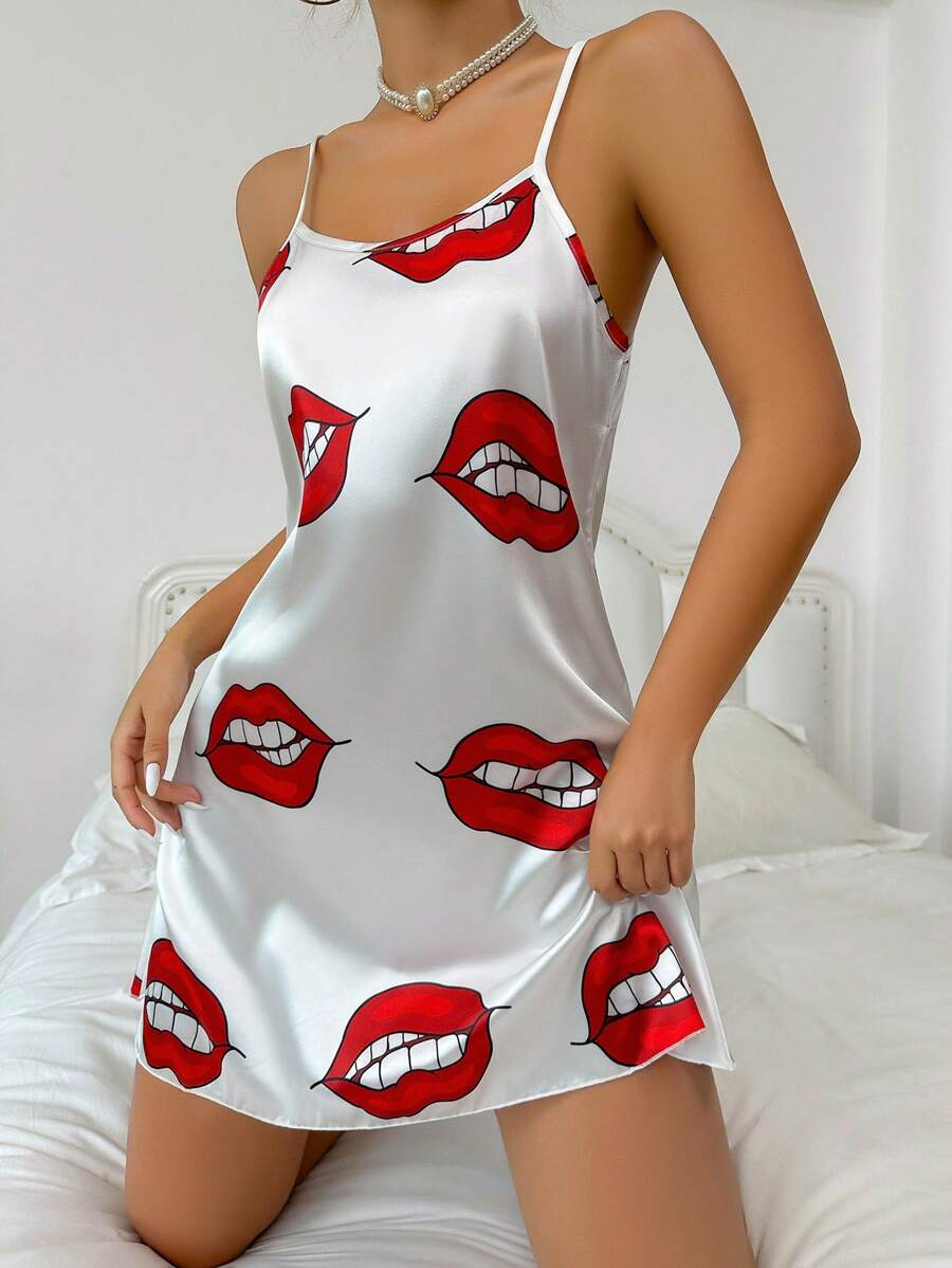 ZzzCrew Camisón de pijama de satén con estampado de labios
