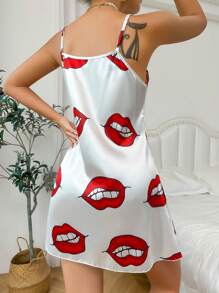 ZzzCrew Camisón de pijama de satén con estampado de labios