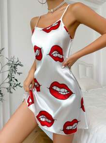 ZzzCrew Camisón de pijama de satén con estampado de labios