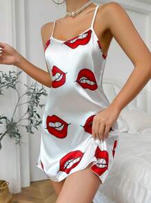 ZzzCrew Camisón de pijama de satén con estampado de labios