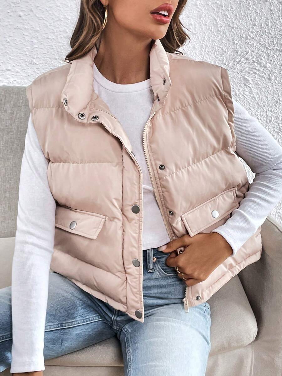 SHEIN Essnce 翻盖细节按扣前背心加厚外套（不含 T 恤） - 卡其色 - 查看 1