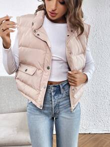 SHEIN Essnce 翻盖细节按扣前背心加厚外套（不含 T 恤） - 卡其色 - 查看 4