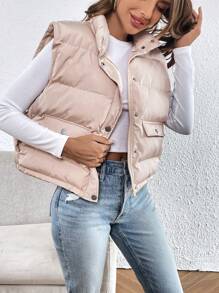 SHEIN Essnce 翻盖细节按扣前背心加厚外套（不含 T 恤） - 卡其色 - 查看 5