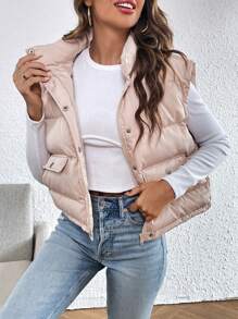 SHEIN Essnce 翻盖细节按扣前背心加厚外套（不含 T 恤） - 卡其色 - 查看 6