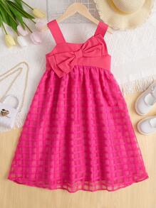 SHEIN 女孩格紋圖案前蝴蝶結吊帶連衣裙 - 玫紅色 - 查看 1