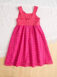 SHEIN 女孩格紋圖案前蝴蝶結吊帶連衣裙 - 玫紅色 - 查看 2