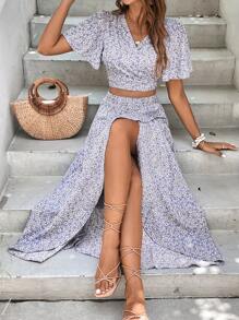 SHEIN Frenchy 碎花蝴蝶袖短款上衣和裹身半身裙 - 紫丁香色 - 查看 1