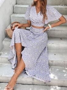 SHEIN Frenchy 碎花蝴蝶袖短款上衣和裹身半身裙 - 紫丁香色 - 查看 5