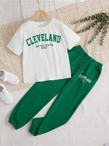 SHEIN cô gái mười hai Đồ họa Chữ cái Áo thun Thả vai & Quần nỉ - Nhiều màu - Xem 1