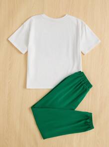 SHEIN cô gái mười hai Đồ họa Chữ cái Áo thun Thả vai & Quần nỉ - Nhiều màu - Xem 2