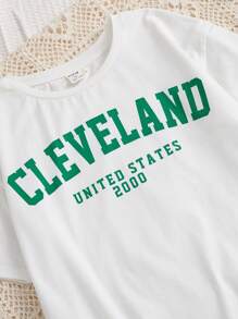 SHEIN cô gái mười hai Đồ họa Chữ cái Áo thun Thả vai & Quần nỉ - Nhiều màu - Xem 4