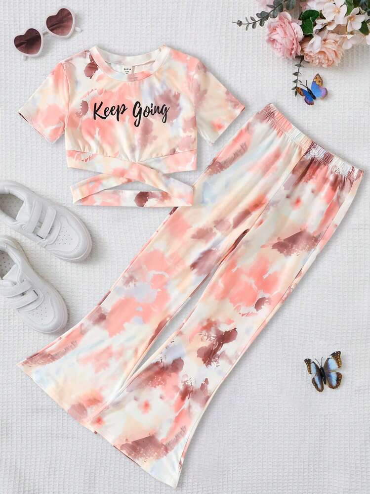 Tween Girl Tie Dye Letter Graphic Cut Out Hem Tee & Flare Leg Pants - Multicolor - View 1