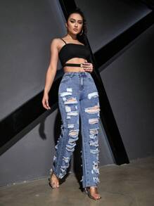 Quần jean nữ Túi Dây kéo Nút Bị tách màu trơn - Rửa nhẹ - Xem 1