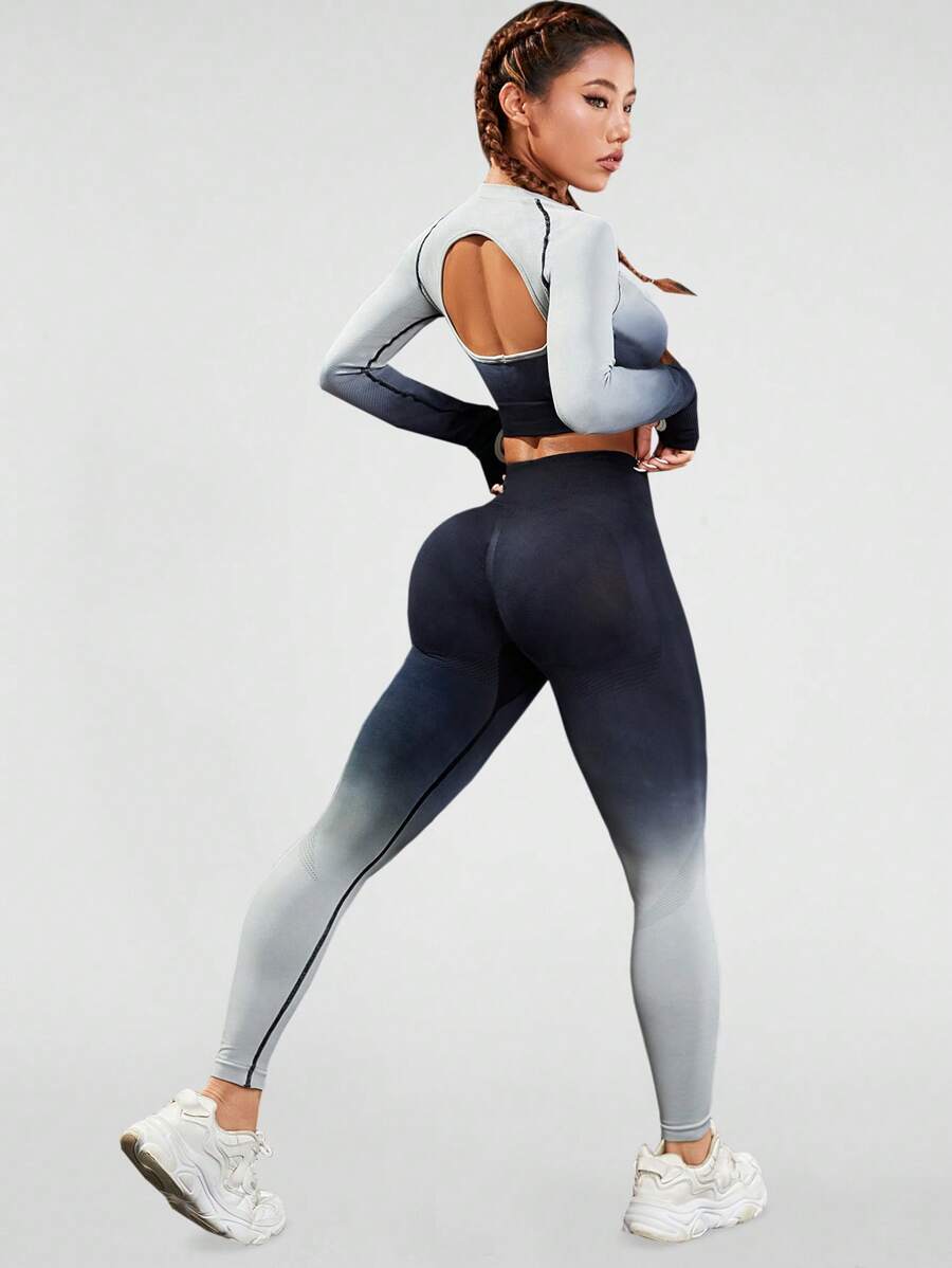 Easithlete 漸變圖案後鏤空運動套裝 - 彩色 - 查看 1