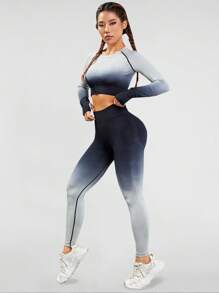 Easithlete 漸變圖案後鏤空運動套裝 - 彩色 - 查看 2