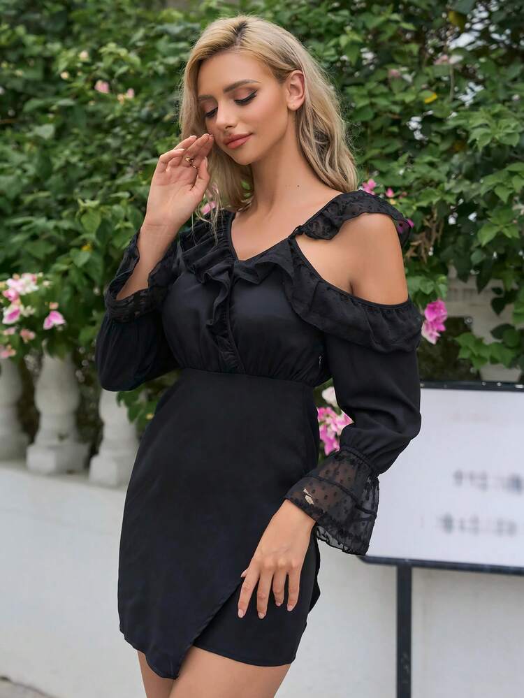 SHEIN קפל רשת ניגוד פשוט אלגנטי שמלה - שחור - ראה 6