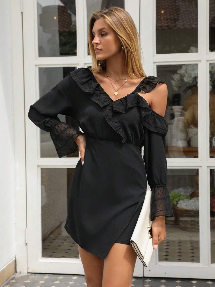 SHEIN קפל רשת ניגוד פשוט אלגנטי שמלה - שחור - ראה 11