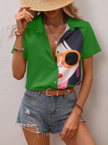 SHEIN LUNE Đồ họa Hình Nút phía trước Áo sơ mi - màu xanh lá - Xem 4