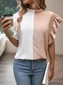 SHEIN Clasi Two Tone Ruffle Trim Mock Neck Blouse - Multicolor - View 1