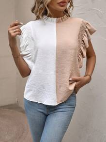 SHEIN Clasi Two Tone Ruffle Trim Mock Neck Blouse - Multicolor - View 6
