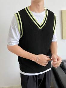 Manfinity RebelGame Men Striped Trim Sweater Vest Without Tee - Black - View 3