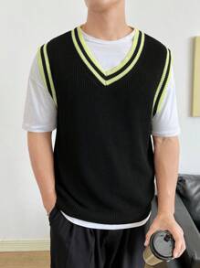 Manfinity RebelGame Men Striped Trim Sweater Vest Without Tee - Black - View 1