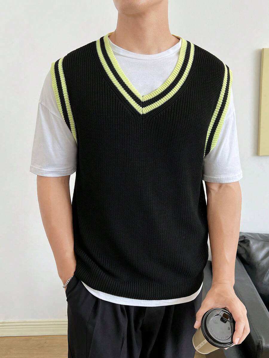 Manfinity RebelGame Men Striped Trim Sweater Vest Without Tee - Black - View 1