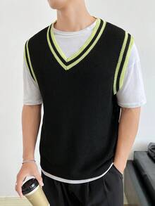 Manfinity RebelGame Men Striped Trim Sweater Vest Without Tee - Black - View 6