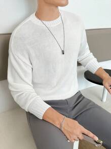 GENTILAND 男士素色落肩袖套頭毛衣 - 白色 - 查看 1