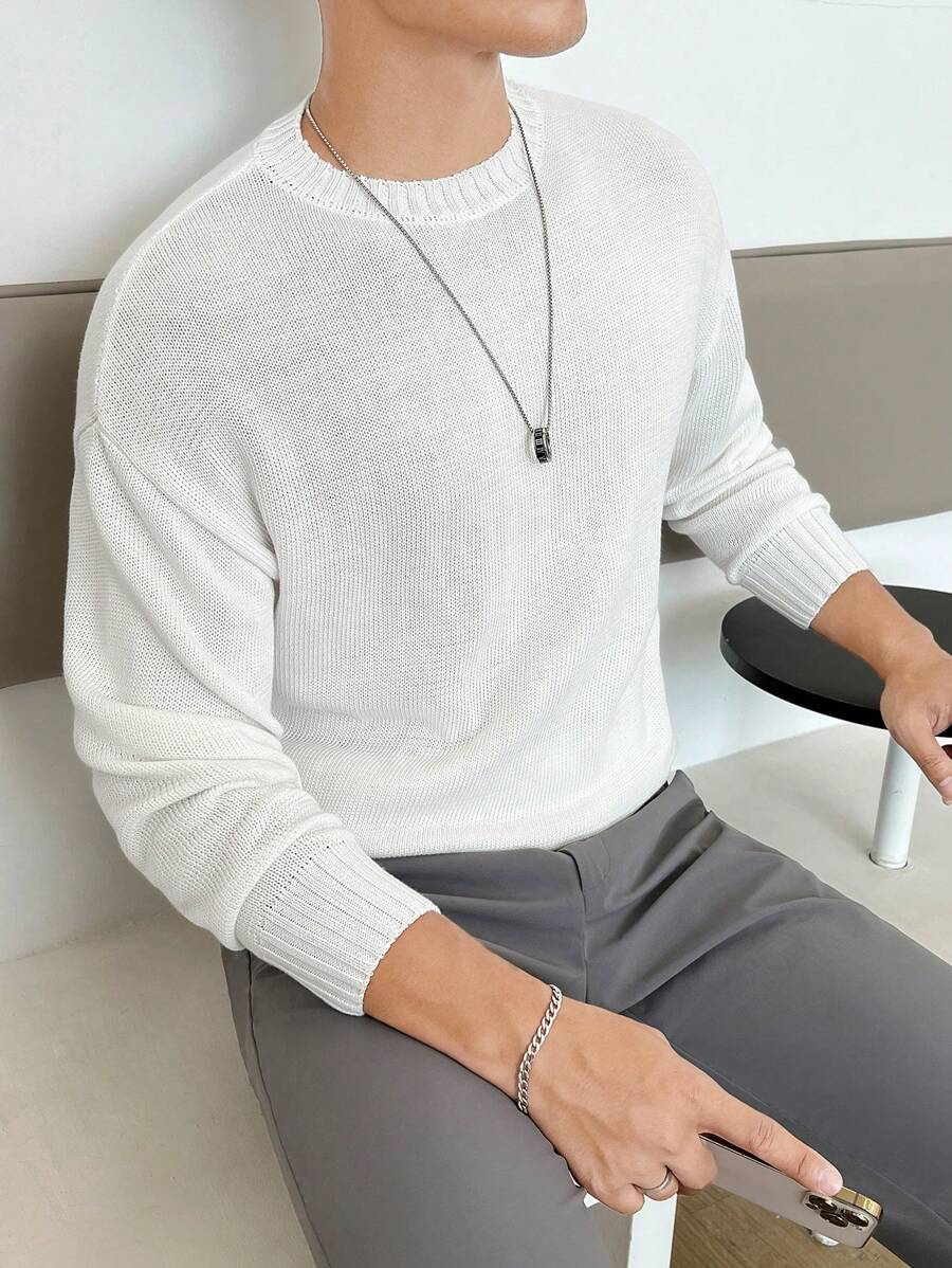 GENTILAND 男士素色落肩袖套頭毛衣 - 白色 - 查看 1