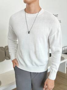 GENTILAND 男士素色落肩袖套頭毛衣 - 白色 - 查看 5