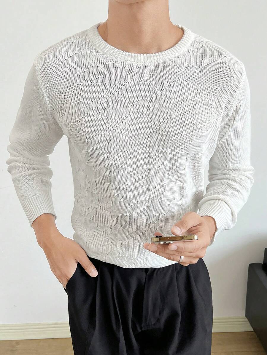 Manfinity VCAY 男士纯色圆领毛衣，适合秋冬 - 白色 - 查看 1