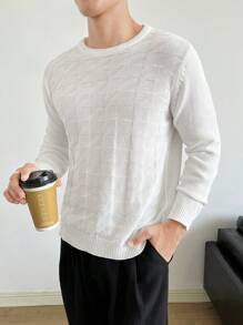 Manfinity VCAY 男士纯色圆领毛衣，适合秋冬 - 白色 - 查看 4