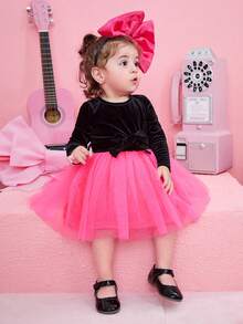 SHEIN 女嬰前蝴蝶結網紗邊洋裝 - 彩色 - 查看 5