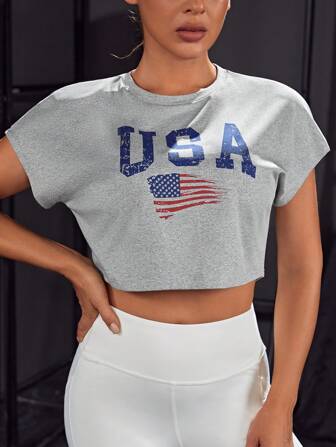 美國國旗和字母圖案短款運動T恤