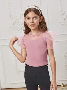 SHEIN Tween Girl Contrast Mesh Puff Sleeve Scallop Trim Tee - Dusty Pink - View 1