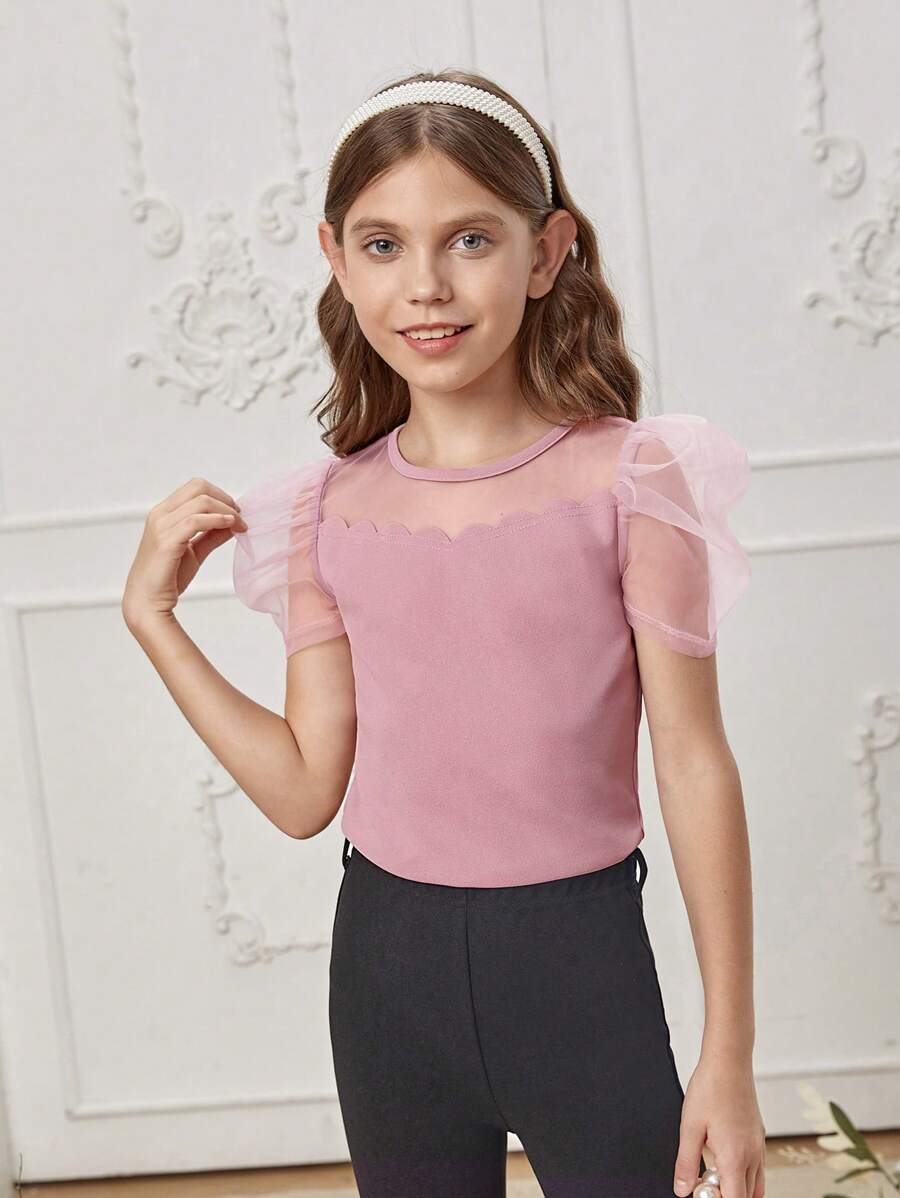 SHEIN Tween Girl Contrast Mesh Puff Sleeve Scallop Trim Tee - Dusty Pink - View 1