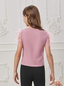 SHEIN Tween Girl Contrast Mesh Puff Sleeve Scallop Trim Tee - Dusty Pink - View 2
